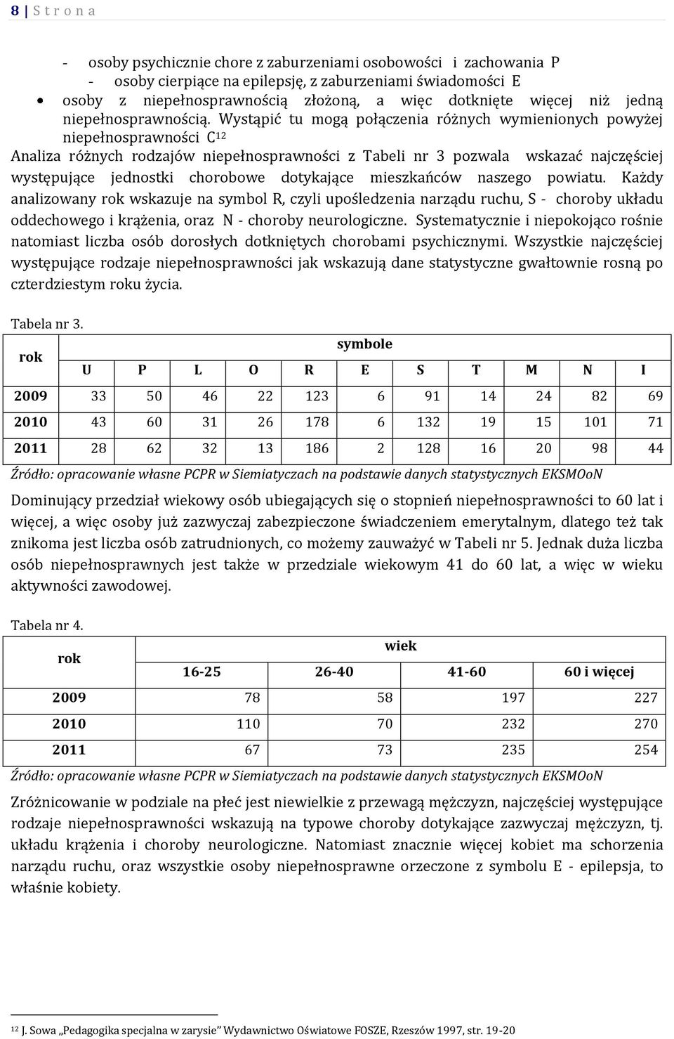 Wystąpić tu mogą połączenia różnych wymienionych powyżej niepełnosprawności C 12 Analiza różnych rodzajów niepełnosprawności z Tabeli nr 3 pozwala wskazać najczęściej występujące jednostki chorobowe