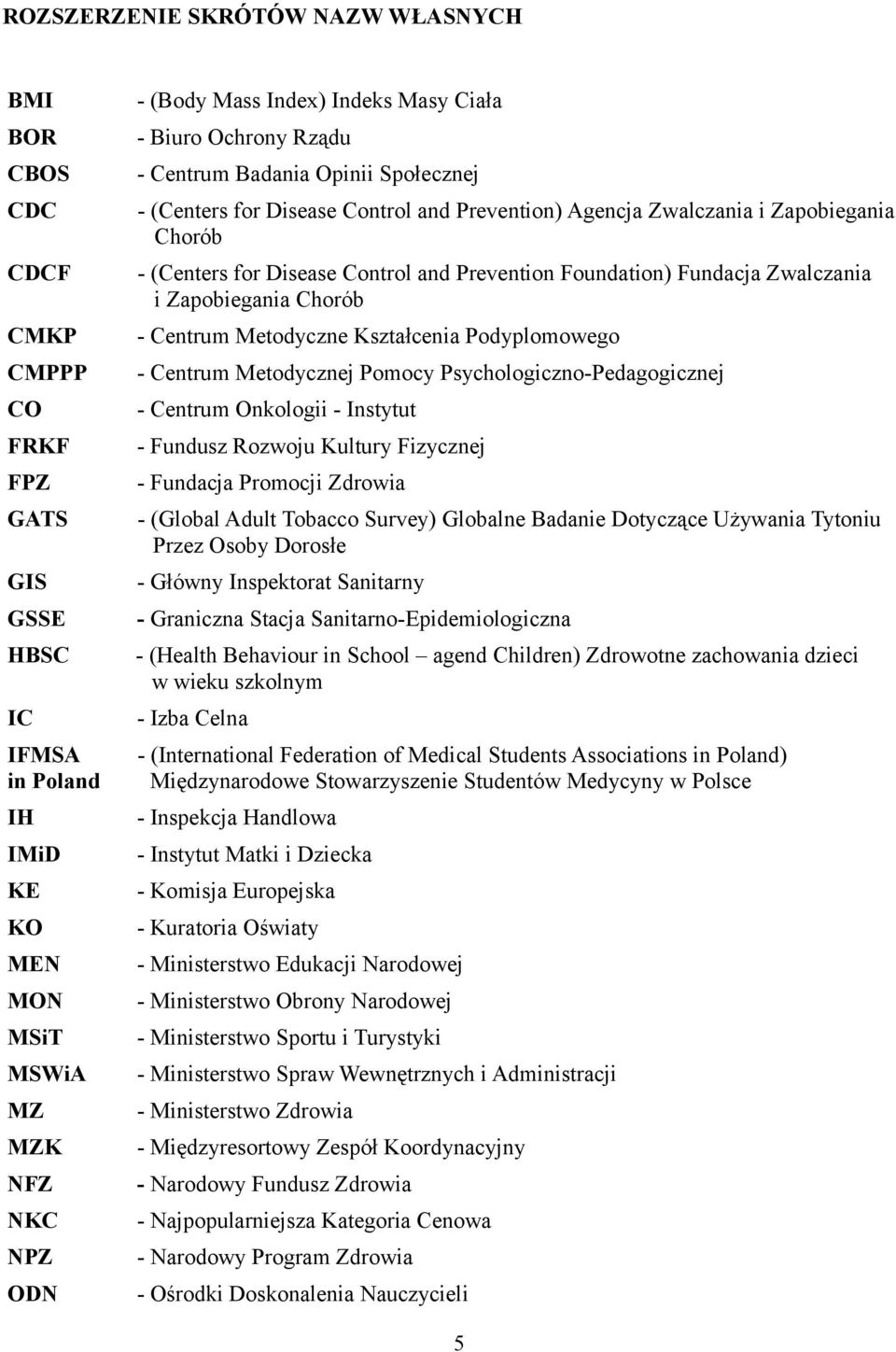 CMPPP - Centrum Metodycznej Pomocy Psychologiczno-Pedagogicznej CO - Centrum Onkologii - Instytut FRKF - Fundusz Rozwoju Kultury Fizycznej FPZ - Fundacja Promocji Zdrowia GATS - (Global Adult Tobacco