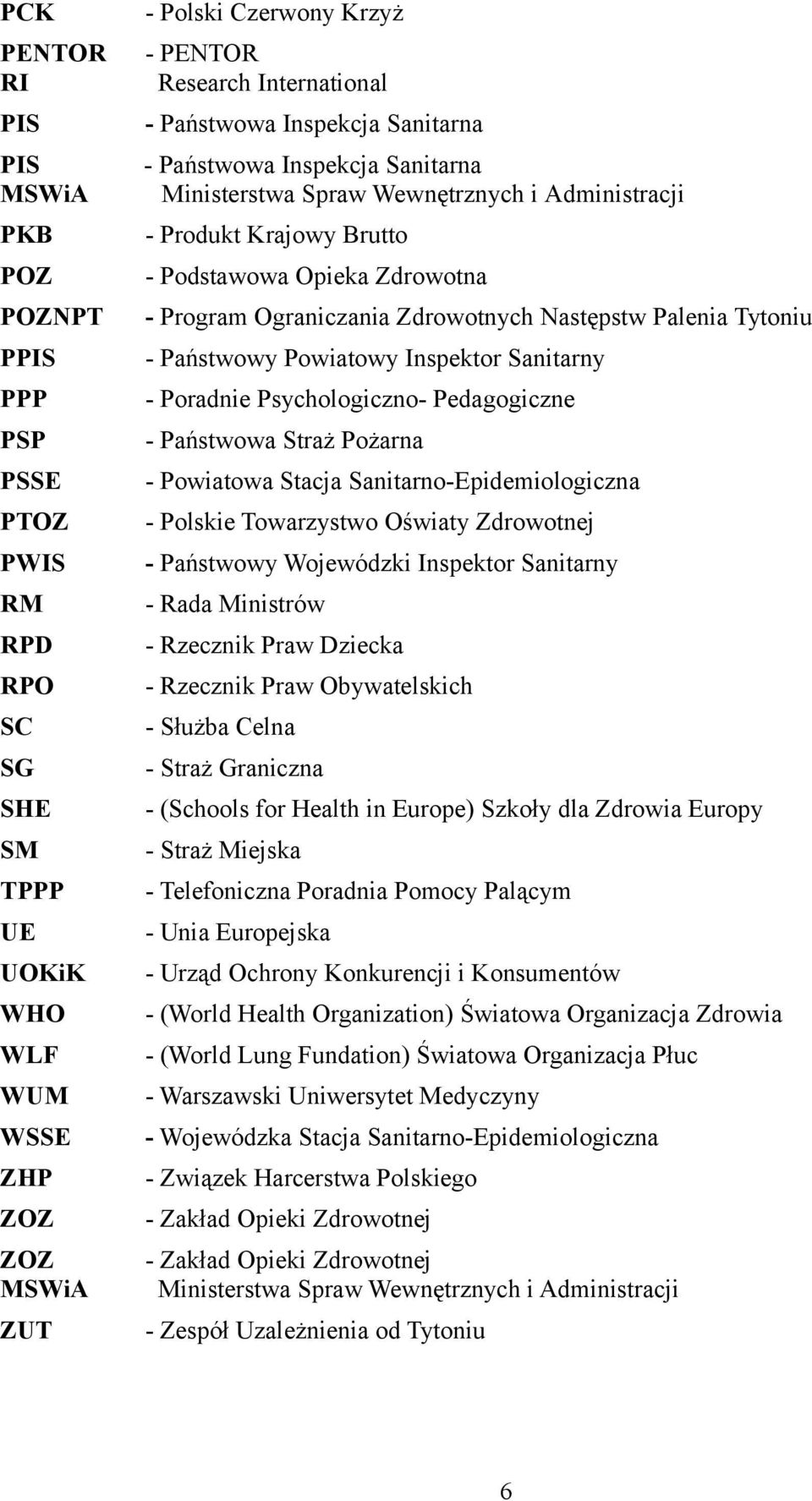 Psychologiczno- Pedagogiczne PSP - Państwowa Straż Pożarna - Powiatowa Stacja Sanitarno-Epidemiologiczna PTOZ - Polskie Towarzystwo Oświaty Zdrowotnej PWIS - Państwowy Wojewódzki Inspektor Sanitarny