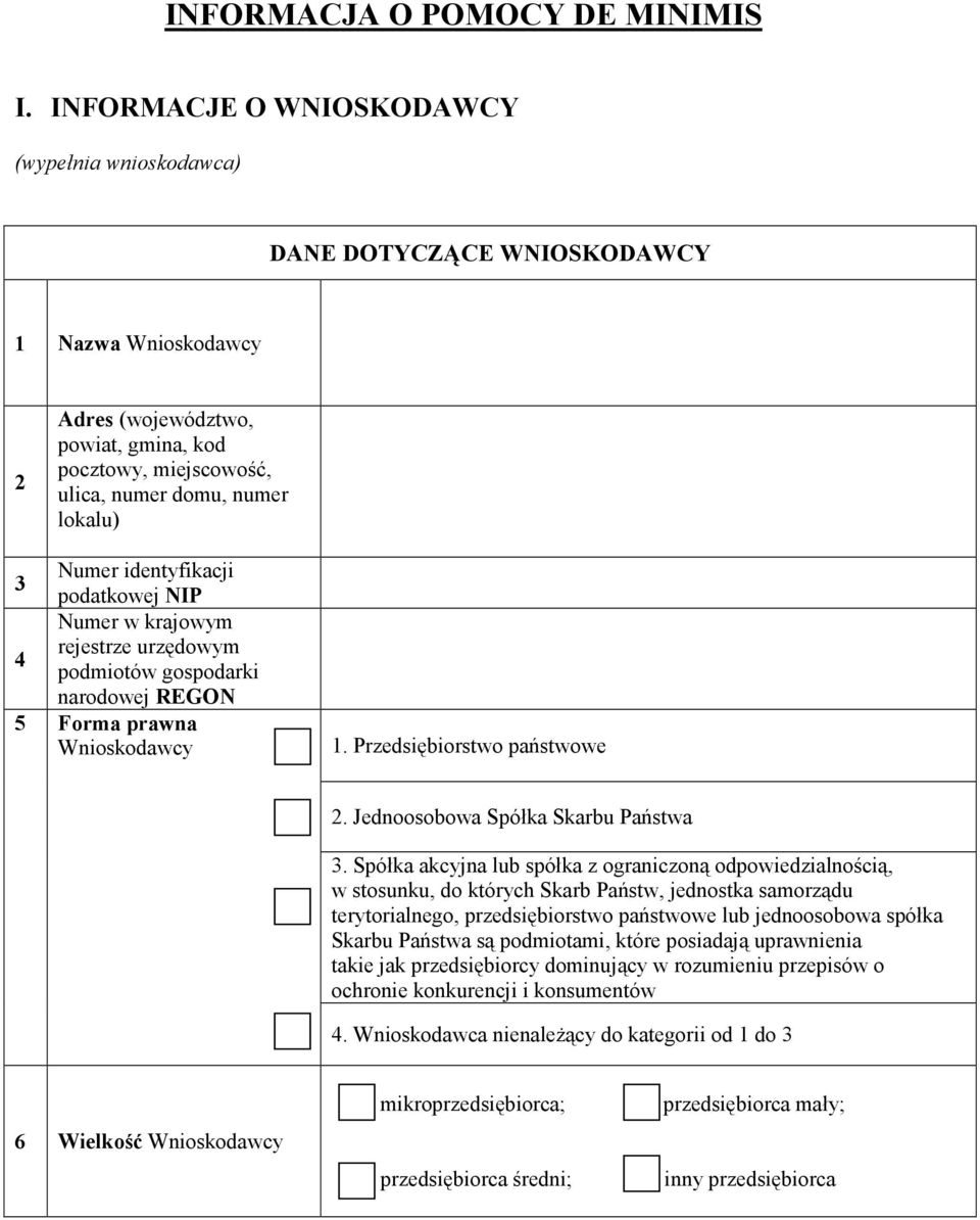 Numer identyfikacji 3 podatkowej NIP Numer w krajowym rejestrze urzędowym 4 podmiotów gospodarki narodowej REGON 5 Forma prawna Wnioskodawcy 1. Przedsiębiorstwo państwowe 2.