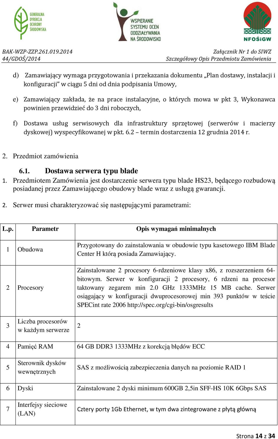 2 termin dostarczenia 12 grudnia 2014 r. 2. Przedmiot zamówienia 6.1. Dostawa serwera typu blade 1.