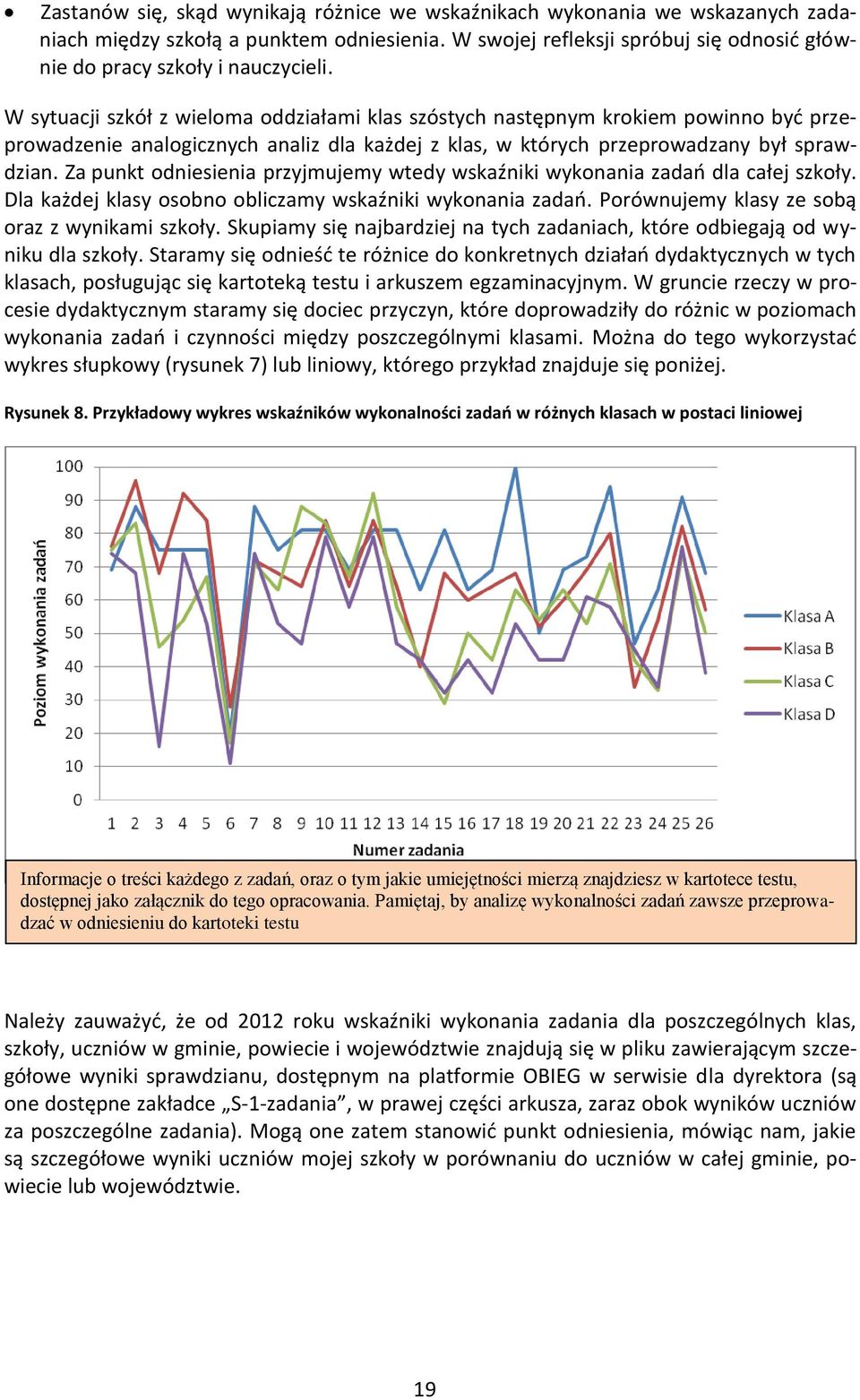 Za punkt odniesienia przyjmujemy wtedy wskaźniki wykonania zadań dla całej szkoły. Dla każdej klasy osobno obliczamy wskaźniki wykonania zadań. Porównujemy klasy ze sobą oraz z wynikami szkoły.