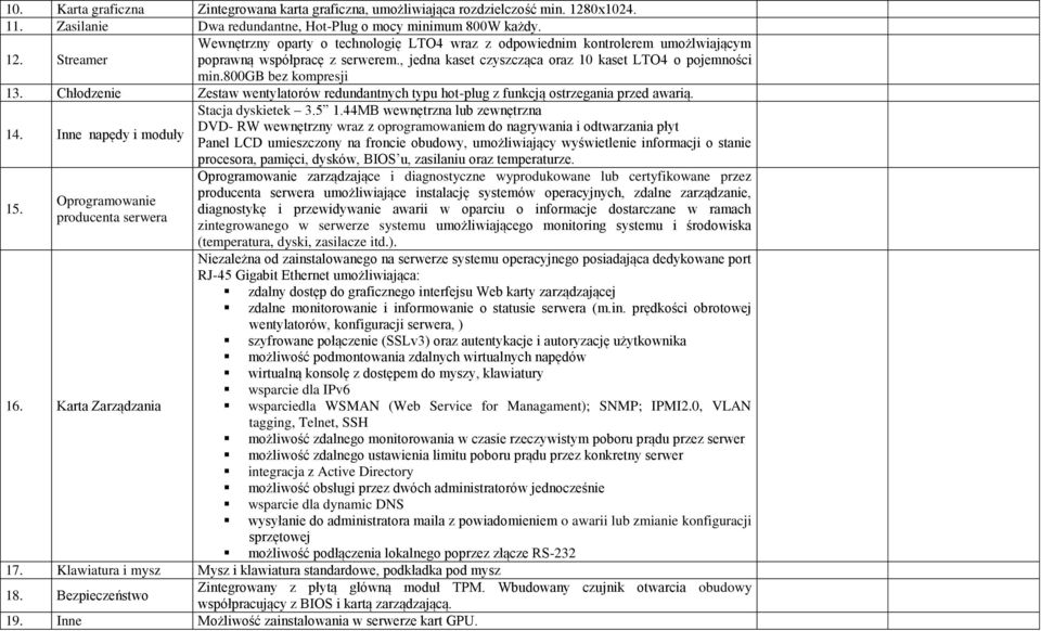 Streamer Wewnętrzny oparty o technologię LTO4 wraz z odpowiednim kontrolerem umożlwiającym poprawną współpracę z serwerem., jedna kaset czyszcząca oraz 10 kaset LTO4 o pojemności min.