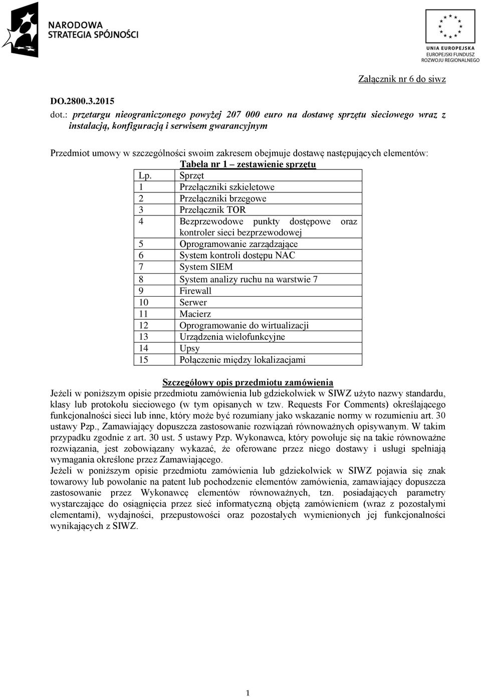 następujących elementów: Tabela nr 1 zestawienie sprzętu Lp.