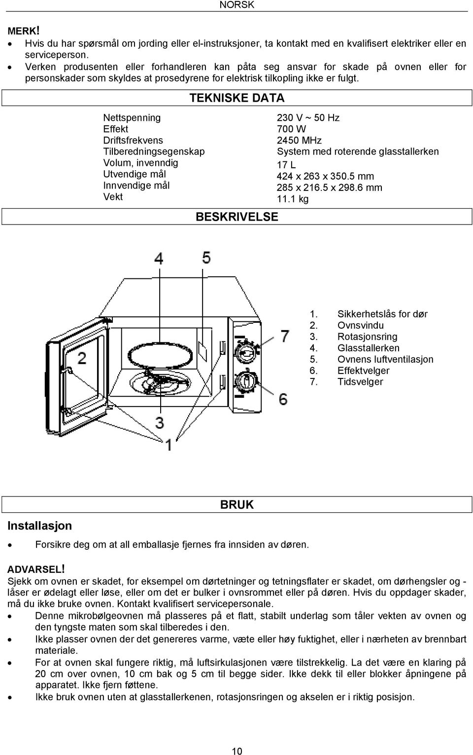 Nettspenning Effekt Driftsfrekvens Tilberedningsegenskap Volum, invenndig Utvendige mål Innvendige mål Vekt TEKNISKE DATA BESKRIVELSE 230 V ~ 50 Hz 700 W 2450 MHz System med roterende glasstallerken