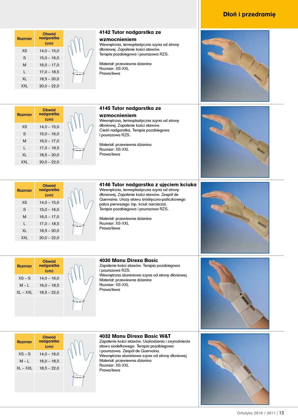 : XS-XXL XS 14,0 15,0 S 15,0 16,0 M 16,0 17,0 L 17,0 18,5 XL 18,5 20,0 XXL 20,0 22,0 4145 Tutor ze wzmocnieniem Wewnętrzna, termoplastyczna szyna od strony dłoniowej. Zapalenie kości stawów. Cieśń.