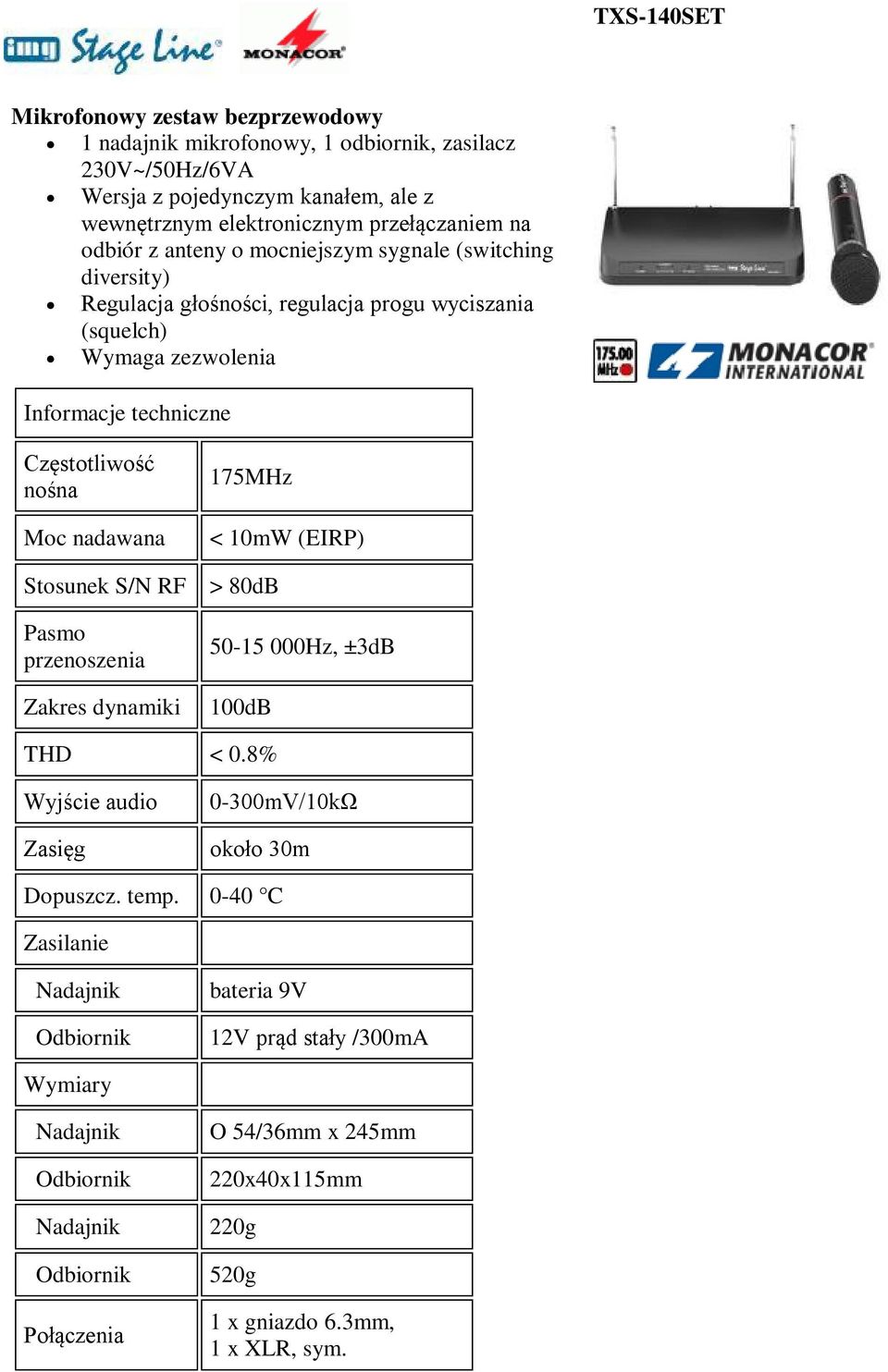 nadawana Stosunek S/N RF Pasmo przenoszenia Zakres dynamiki 175MHz < 10mW (EIRP) > 80dB 50-15 000Hz, ±3dB 100dB THD < 0.8% Wyjście audio Zasięg 0-300mV/10kΩ około 30m Dopuszcz. temp.