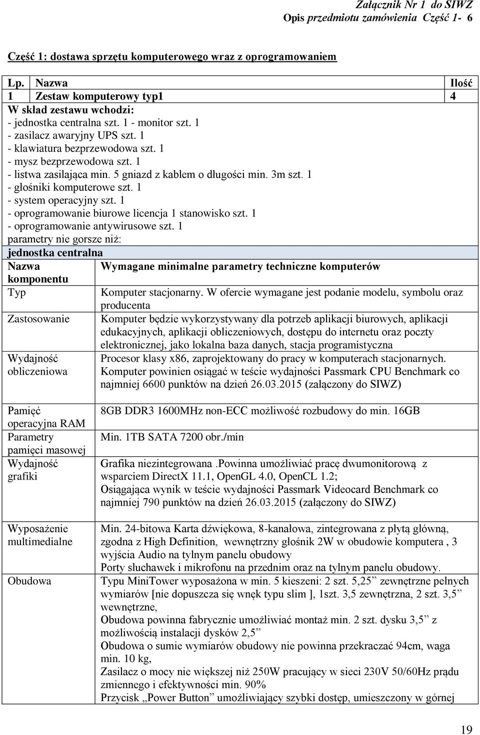 1 - listwa zasilająca min. 5 gniazd z kablem o długości min. 3m szt. 1 - głośniki komputerowe szt. 1 - system operacyjny szt. 1 - oprogramowanie biurowe licencja 1 stanowisko szt.