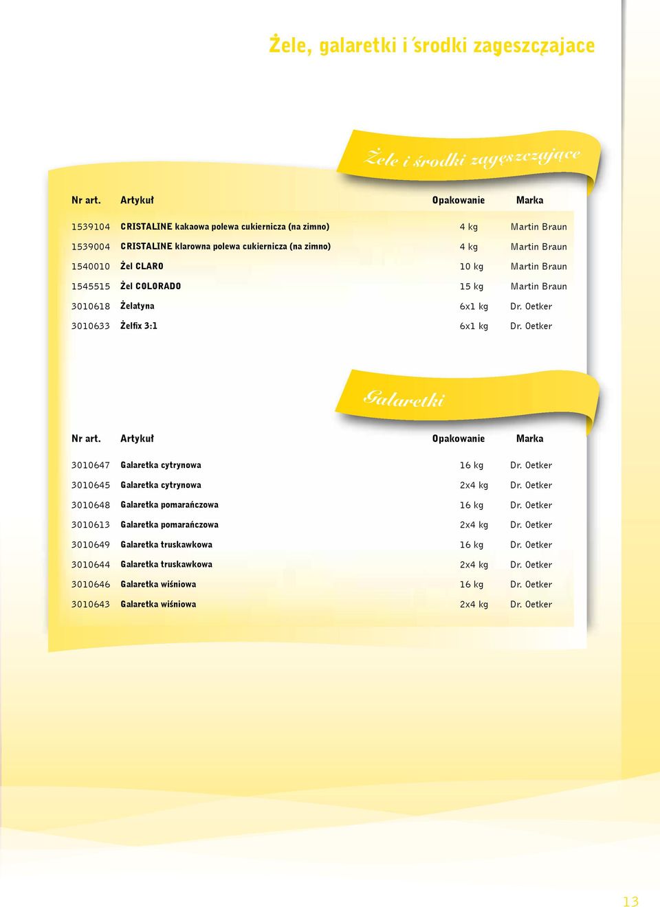 Żel CLARO 10 kg 1545515 Żel COLORADO 15 kg 3010618 Żelatyna 3010633 Żelfix 3:1 Galaretki Nr art.