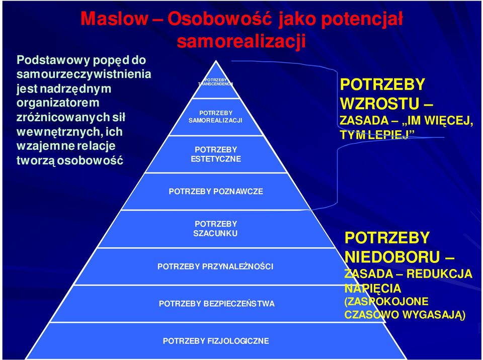 POTRZEBY ESTETYCZNE POTRZEBY WZROSTU ZASADA IM WICEJ, TYM LEPIEJ POTRZEBY POZNAWCZE POTRZEBY SZACUNKU POTRZEBY