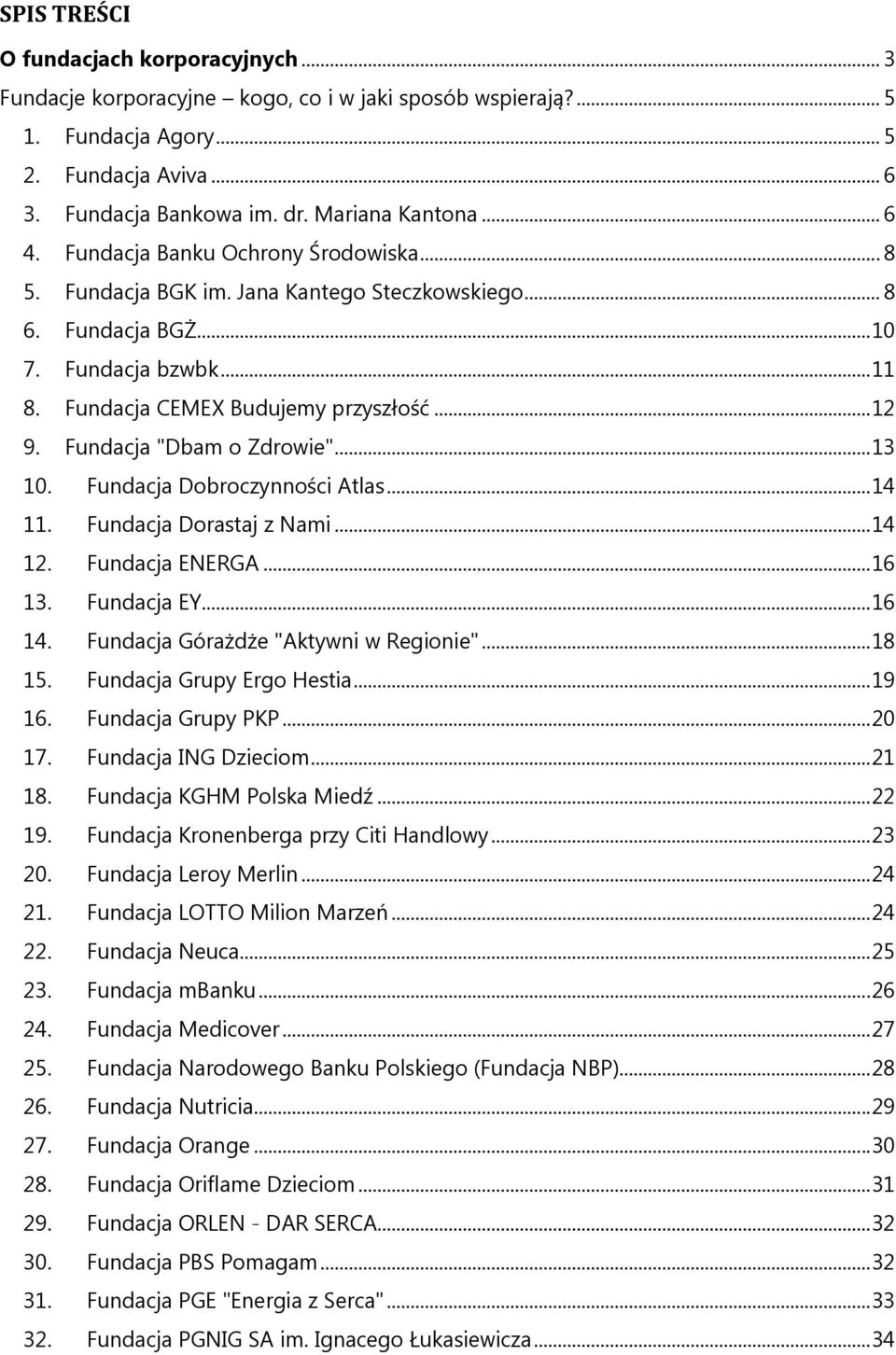 Fundacja "Dbam o Zdrowie"... 13 10. Fundacja Dobroczynności Atlas... 14 11. Fundacja Dorastaj z Nami... 14 12. Fundacja ENERGA... 16 13. Fundacja EY... 16 14. Fundacja Górażdże "Aktywni w Regionie".