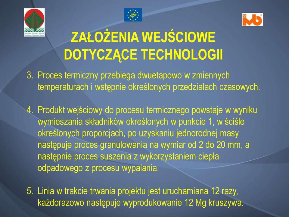 Produkt wejściowy do procesu termicznego powstaje w wyniku wymieszania składników określonych w punkcie 1, w ściśle określonych proporcjach, po
