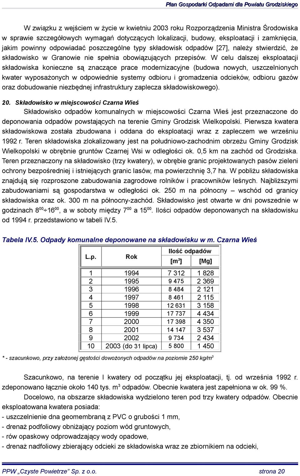 W celu dalszej eksploatacji składowiska konieczne są znaczące prace modernizacyjne (budowa nowych, uszczelnionych kwater wyposażonych w odpowiednie systemy odbioru i gromadzenia odcieków, odbioru