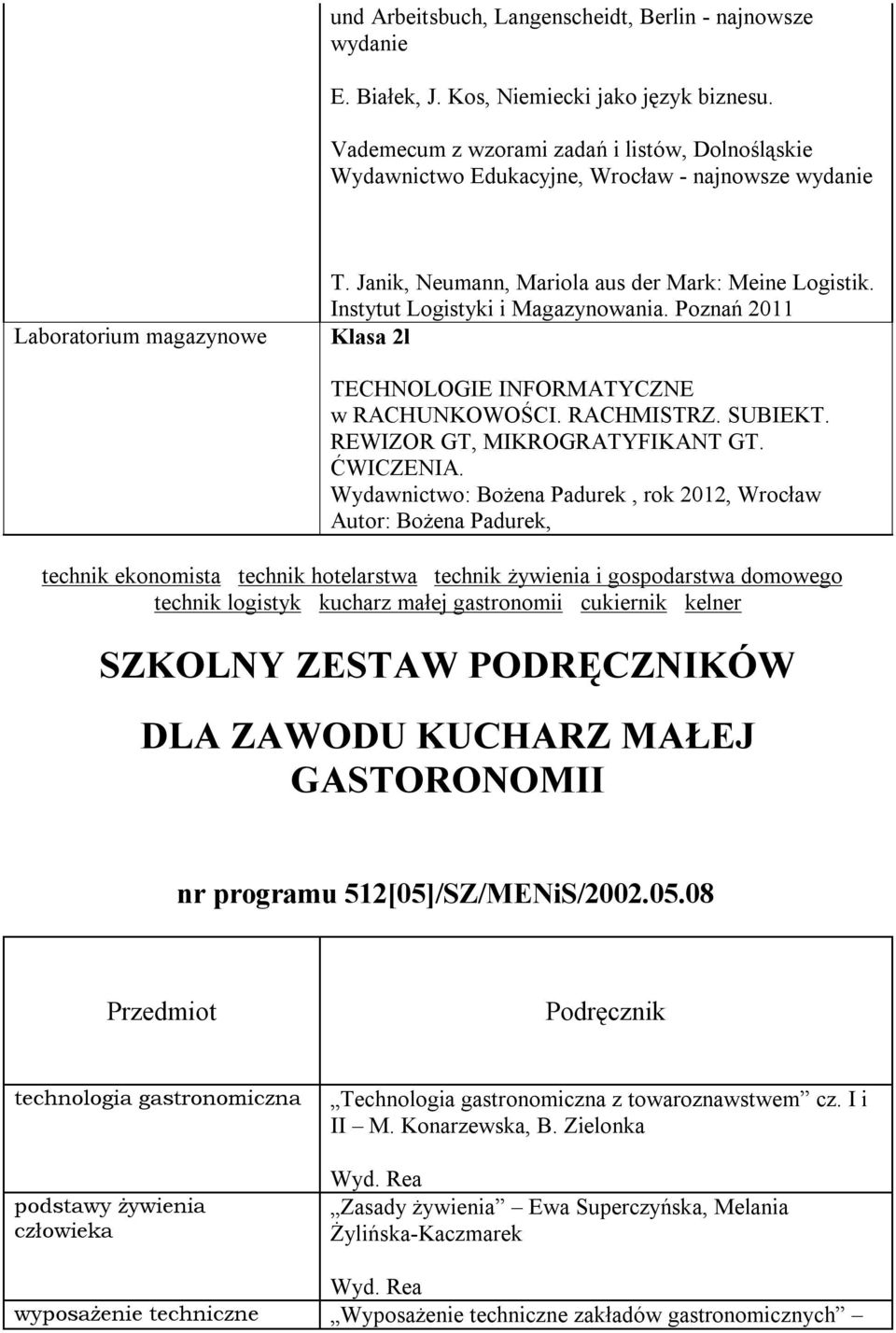 Instytut Logistyki i Magazynowania. Poznań 2011 Klasa 2l TECHNOLOGIE INFORMATYCZNE w RACHUNKOWOŚCI. RACHMISTRZ. SUBIEKT. REWIZOR GT, MIKROGRATYFIKANT GT. ĆWICZENIA.