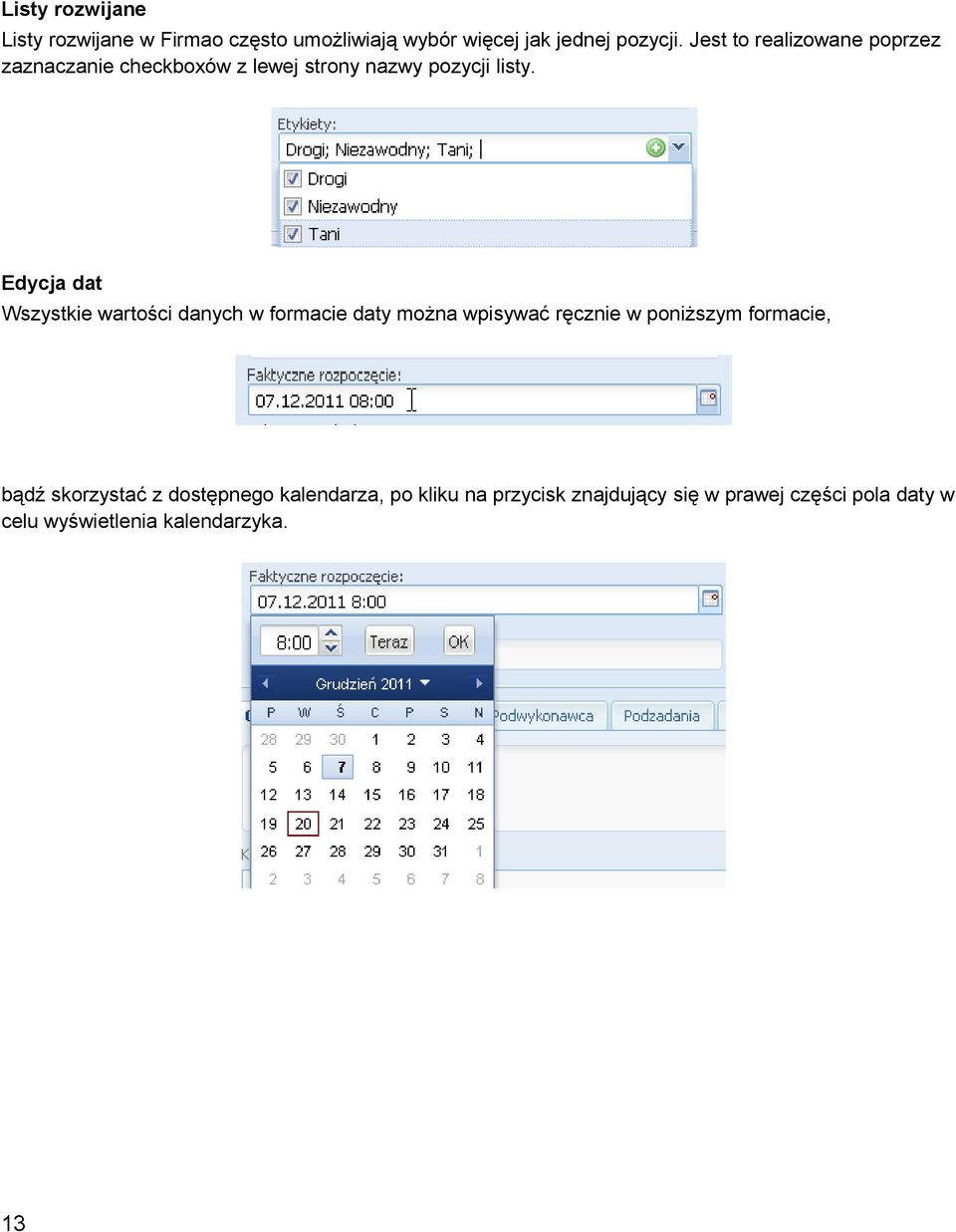 Edycja dat Wszystkie wartości danych w formacie daty można wpisywać ręcznie w poniższym formacie, bądź