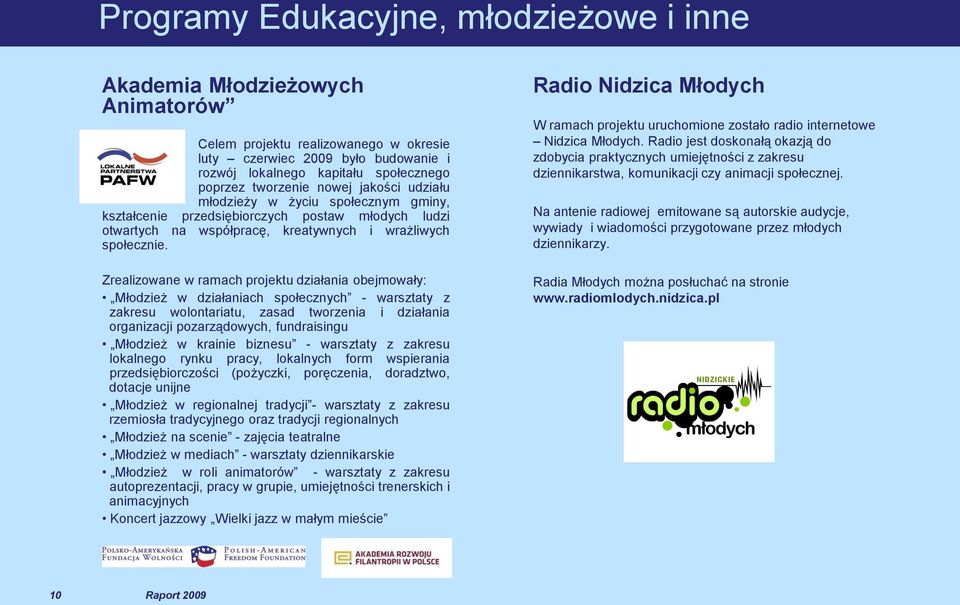 Zrealizowane w ramach projektu działania obejmowały: Młodzież w działaniach społecznych - warsztaty z zakresu wolontariatu, zasad tworzenia i działania organizacji pozarządowych, fundraisingu