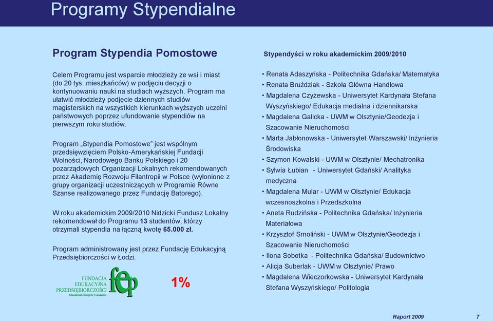 Program Stypendia Pomostowe jest wspólnym przedsięwzięciem Polsko-Amerykańskiej Fundacji Wolności, Narodowego Banku Polskiego i 20 pozarządowych Organizacji Lokalnych rekomendowanych przez Akademię