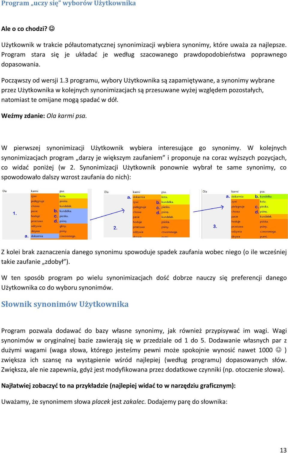 3 programu, wybory Użytkownika są zapamiętywane, a synonimy wybrane przez Użytkownika w kolejnych synonimizacjach są przesuwane wyżej względem pozostałych, natomiast te omijane mogą spadać w dół.