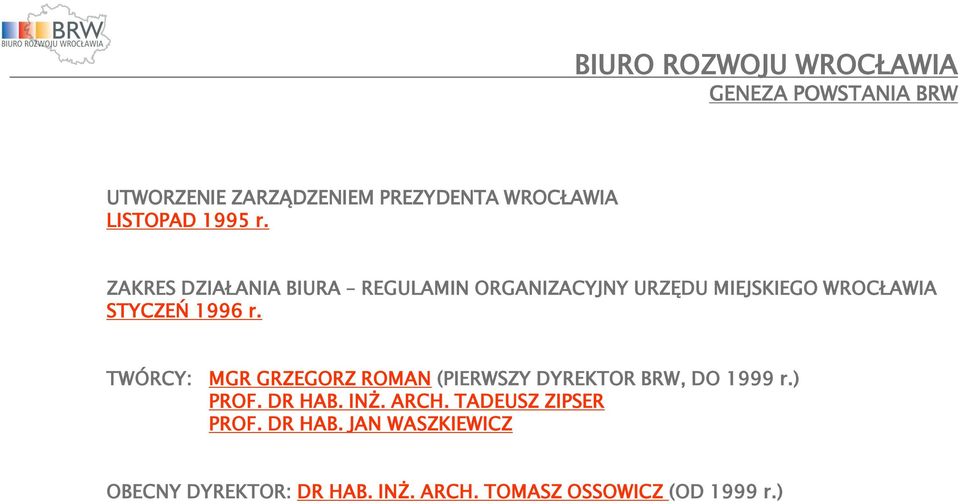 TWÓRCY: MGR GRZEGORZ ROMAN (PIERWSZY DYREKTOR BRW, DO 1999 r.) PROF. DR HAB. INŻ. ARCH.