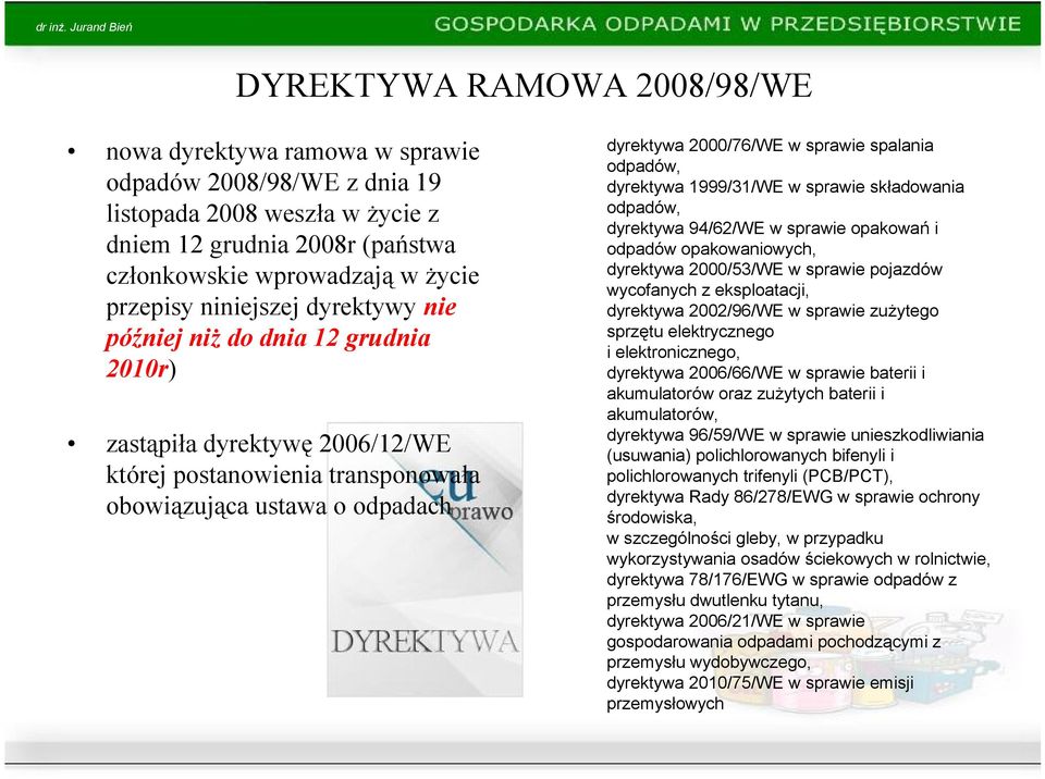 odpadów, dyrektywa 1999/31/WE w sprawie składowania odpadów, dyrektywa 94/62/WE w sprawie opakowań i odpadów opakowaniowych, dyrektywa 2000/53/WE w sprawie pojazdów wycofanych z eksploatacji,