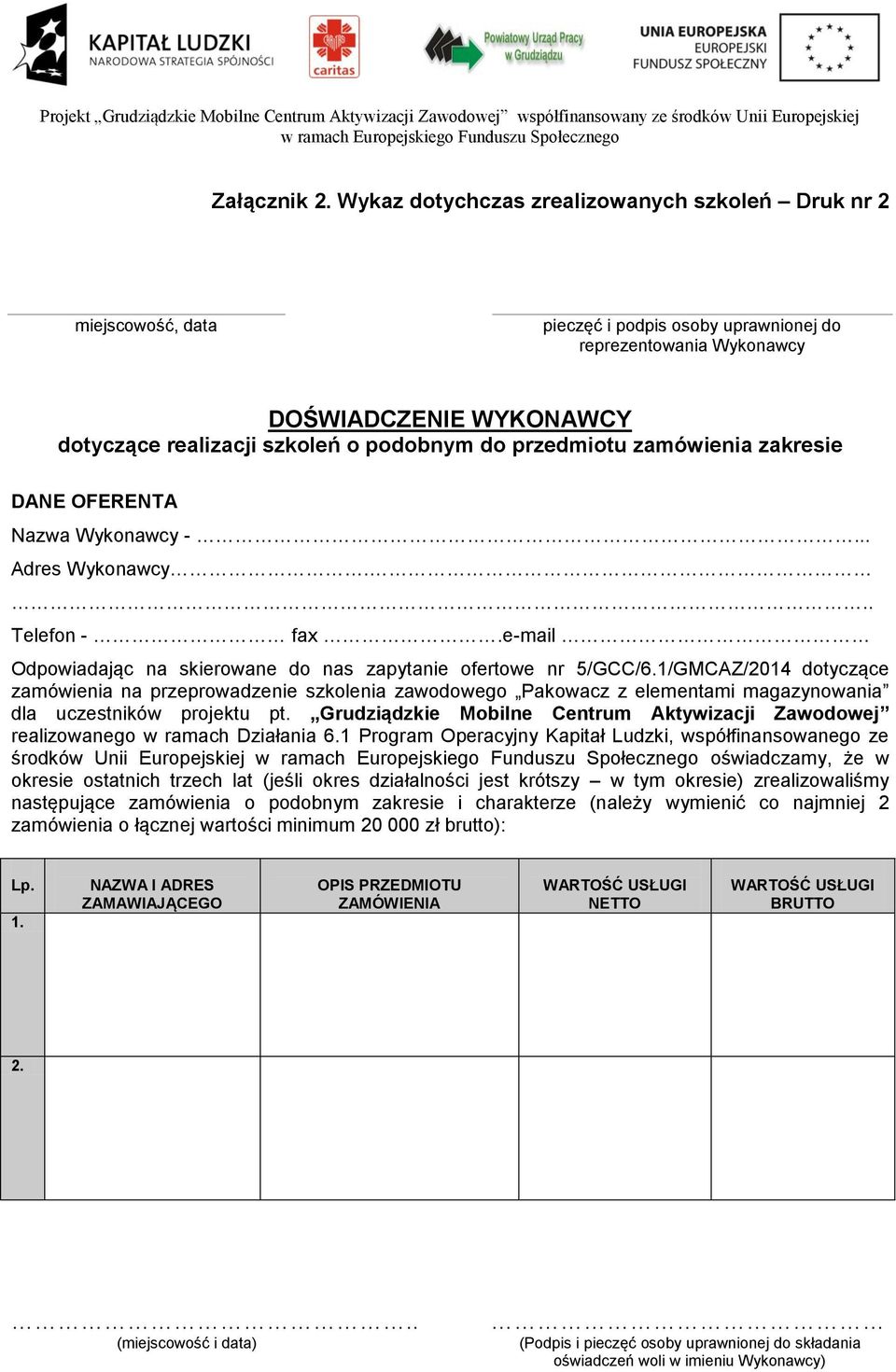 1/GMCAZ/2014 dotyczące zamówienia na przeprowadzenie szkolenia zawodowego Pakowacz z elementami magazynowania dla uczestników projektu pt.
