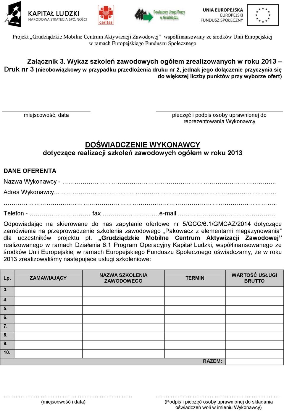 ofert) DOŚWIADCZENIE WYKONAWCY dotyczące realizacji szkoleń zawodowych ogółem w roku 2013 DANE OFERENTA Nazwa Wykonawcy -... Adres Wykonawcy... Telefon - fax.