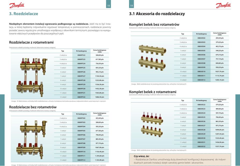 termicznymi, pozwalające na wyregulowanie właściwych przepływów dla poszczególnych pętli. Rozdzielacze z rotametrami Zastosowane wkładki posiadają możliwość dokonania nastawy wstępnej.