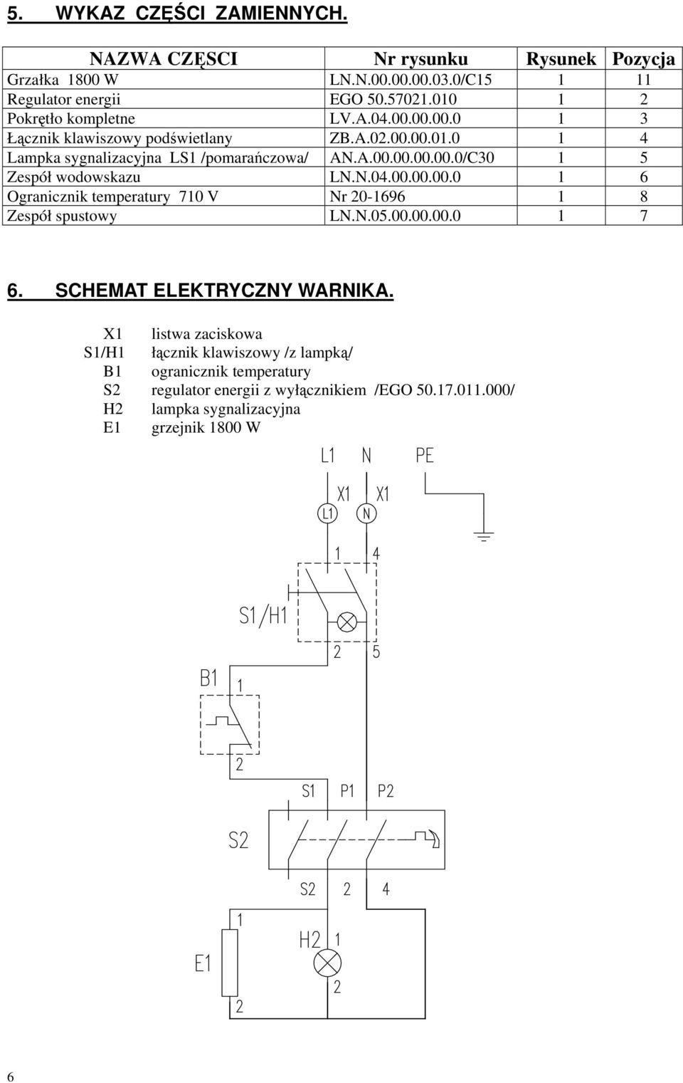 N.04.00.00.00.0 1 6 Ogranicznik temperatury 710 V Nr 20-1696 1 8 Zespół spustowy LN.N.05.00.00.00.0 1 7 6. SCHEMAT ELEKTRYCZNY WARNIKA.