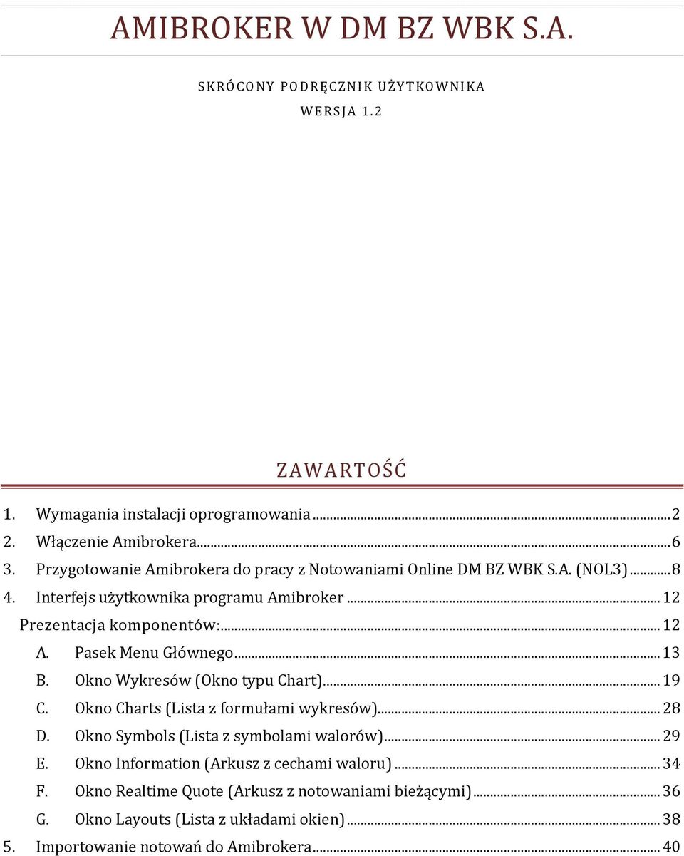 Pasek Menu Głównego...13 B. Okno Wykresów (Okno typu Chart)...19 C. Okno Charts (Lista z formułami wykresów)...28 D. Okno Symbols (Lista z symbolami walorów)...29 E.