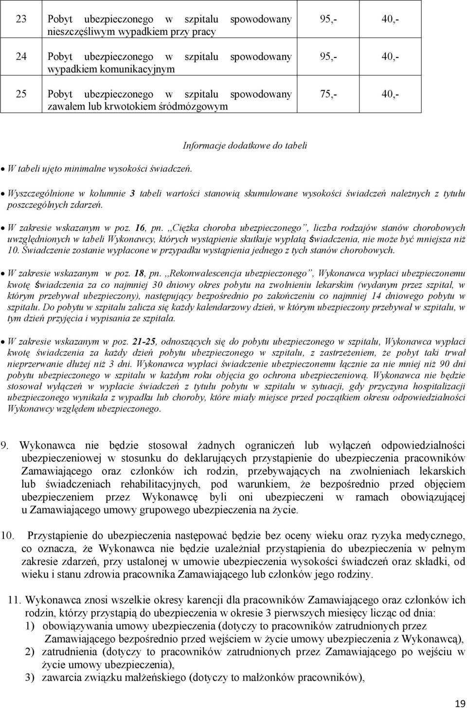 Informacje dodatkowe do tabeli Wyszczególnione w kolumnie 3 tabeli wartości stanowią skumulowane wysokości świadczeń należnych z tytułu poszczególnych zdarzeń. W zakresie wskazanym w poz. 16, pn.