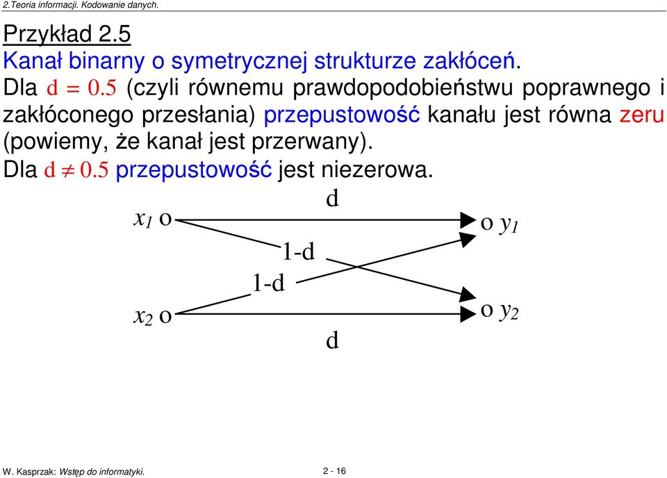 przepustowo kanału jest równa zeru (powiemy, e kanałjest przerwany). Dla d 0.