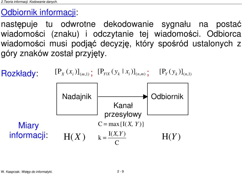 Rozkłady: i,1) [ P ( x X )] ( m ; [ PY X ( y k xi )] ( n, m) ; [ PY ( y k )] ( n,1) Nadajnik Miary