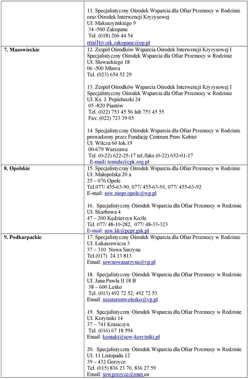 Zespół Ośrodków Wsparcia Ośrodek Interwencji Kryzysowej I Specjalistyczny Ośrodek Wsparcia dla Ofiar Przemocy w Rodzinie Ul. Ks. J. Popiełuszki 24 05-820 Piastów Tel.