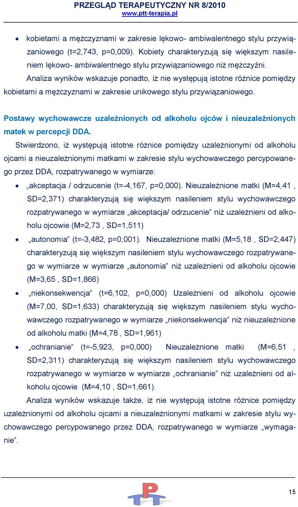 Analiza wyników wskazuje ponadto, iż nie występują istotne różnice pomiędzy kobietami a mężczyznami w zakresie unikowego stylu przywiązaniowego.