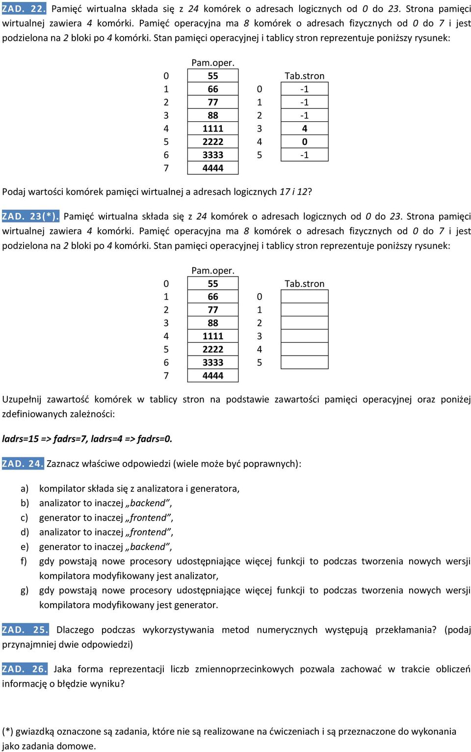 stron 1 66 0-1 2 77 1-1 3 88 2-1 4 1111 3 4 5 2222 4 0 6 3333 5-1 7 4444 Podaj wartości komórek pamięci wirtualnej a adresach logicznych 17 i 12? ZAD. 23(*).