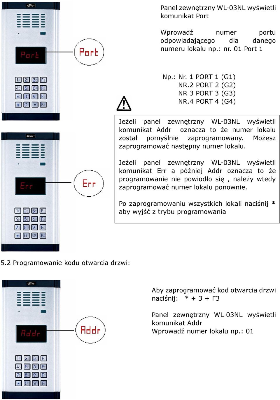 Jeżeli panel zewnętrzny WL-03NL wyświetli komunikat Err a później Addr oznacza to że programowanie nie powiodło się, należy wtedy zaprogramować numer lokalu ponownie.