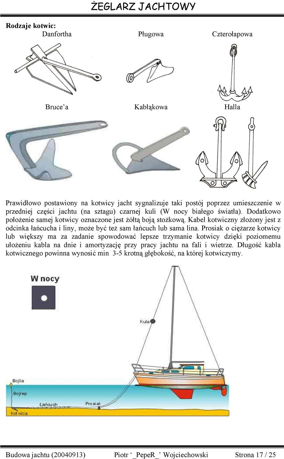 Kabel kotwiczny złożony jest z odcinka łańcucha i liny, może być też sam łańcuch lub sama lina.