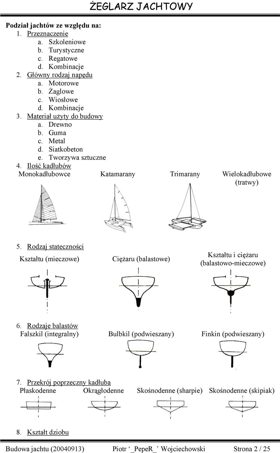 Rodzaj stateczności Kształtu (mieczowe) Ciężaru (balastowe) Kształtu i ciężaru (balastowo-mieczowe) 6.