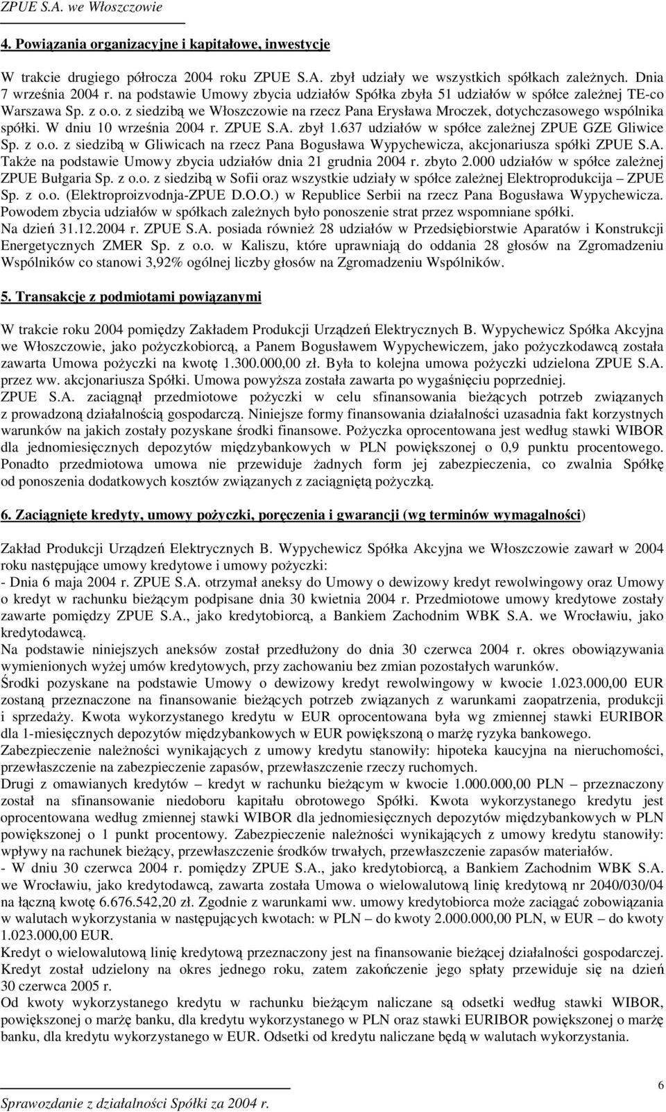 W dniu 10 wrzenia 2004 r. ZPUE S.A. zbył 1.637 udziałów w spółce zalenej ZPUE GZE Gliwice Sp. z o.o. z siedzib w Gliwicach na rzecz Pana Bogusława Wypychewicza, akcjonariusza spółki ZPUE S.A. Take na podstawie Umowy zbycia udziałów dnia 21 grudnia 2004 r.