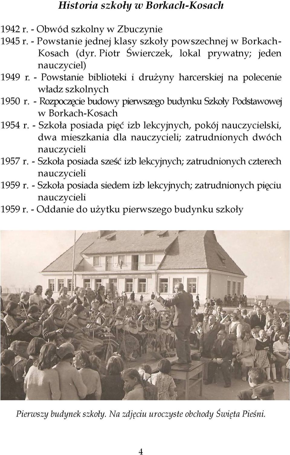 - Rozpoczęcie budowy pierwszego budynku Szkoły Podstawowej w Borkach-Kosach 1954 r.