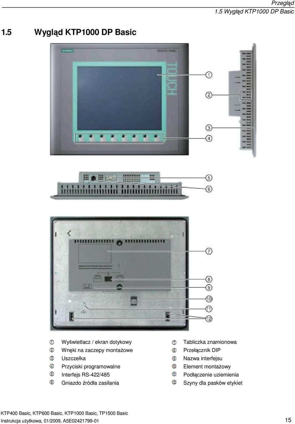 Przyciski programowalne Interfejs RS-422/485 Gniazdo ródła zasilania Tabliczka znamionowa