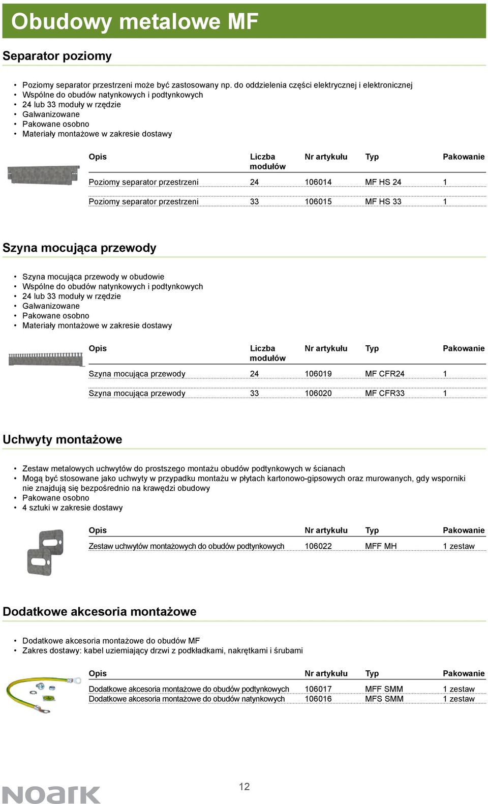 Liczba Nr artykułu Typ Pakowanie modułów Poziomy separator przestrzeni 24 106014 MF HS 24 1 Poziomy separator przestrzeni 33 106015 MF HS 33 1 Szyna mocująca przewody Szyna mocująca przewody w