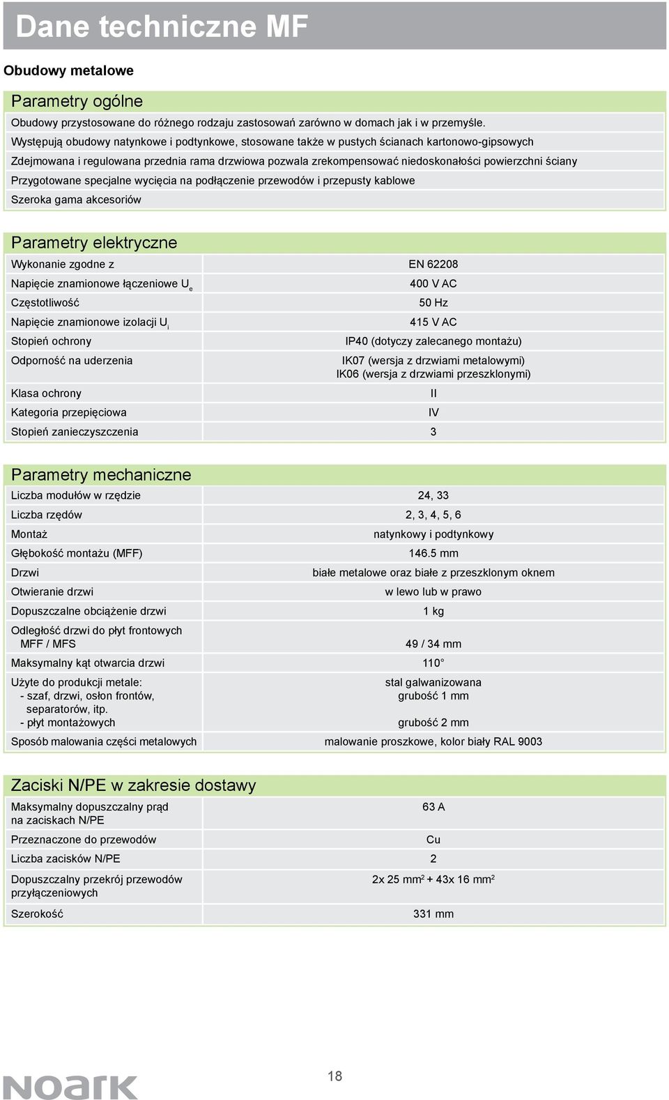 ściany Przygotowane specjalne wycięcia na podłączenie przewodów i przepusty kablowe Szeroka gama akcesoriów Parametry elektryczne Wykonanie zgodne z EN 62208 Napięcie znamionowe łączeniowe U e