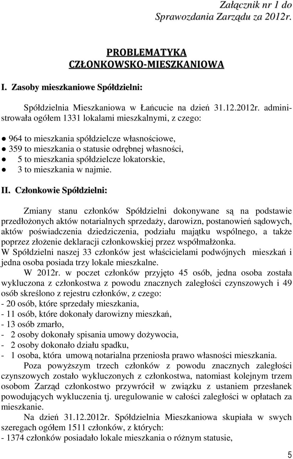 administrowała ogółem 1331 lokalami mieszkalnymi, z czego: 964 to mieszkania spółdzielcze własnościowe, 359 to mieszkania o statusie odrębnej własności, 5 to mieszkania spółdzielcze lokatorskie, 3 to