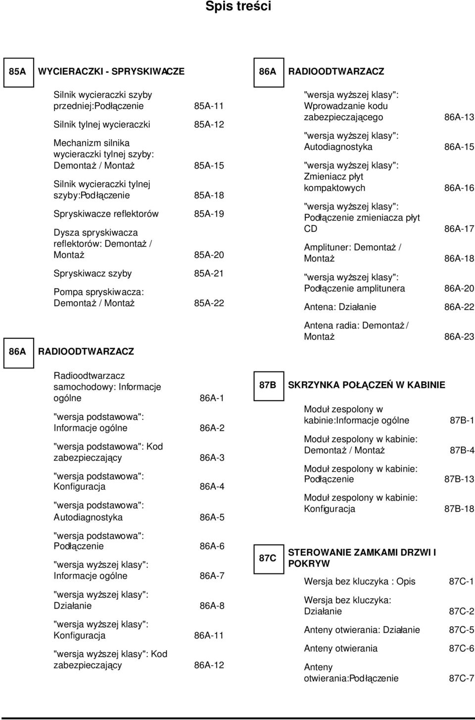 spryskiwacza: Demontaż / Montaż 85A-22 RADIOODTWARZACZ "wersja wyższej klasy": Wprowadzanie kodu zabezpieczającego 86A-13 "wersja wyższej klasy": Autodiagnostyka 86A-15 "wersja wyższej klasy":