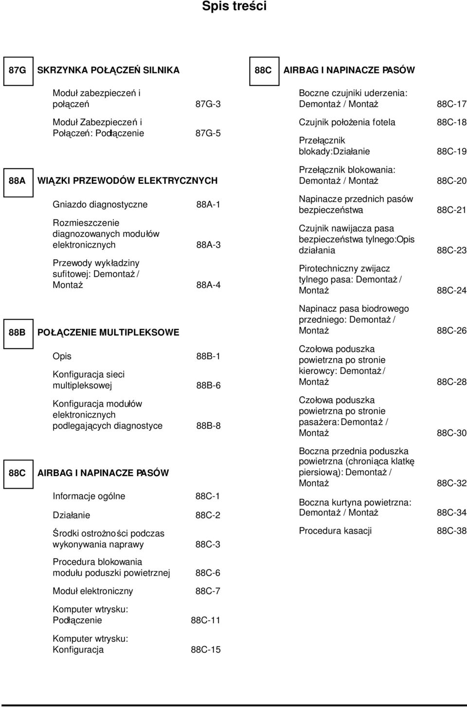 multipleksowej 88B-6 Konfiguracja modułów elektronicznych podlegających diagnostyce 88B-8 AIRBAG I NAPINACZE PASÓW Informacje ogólne 88C-1 Działanie 88C-2 Środki ostrożności podczas wykonywania