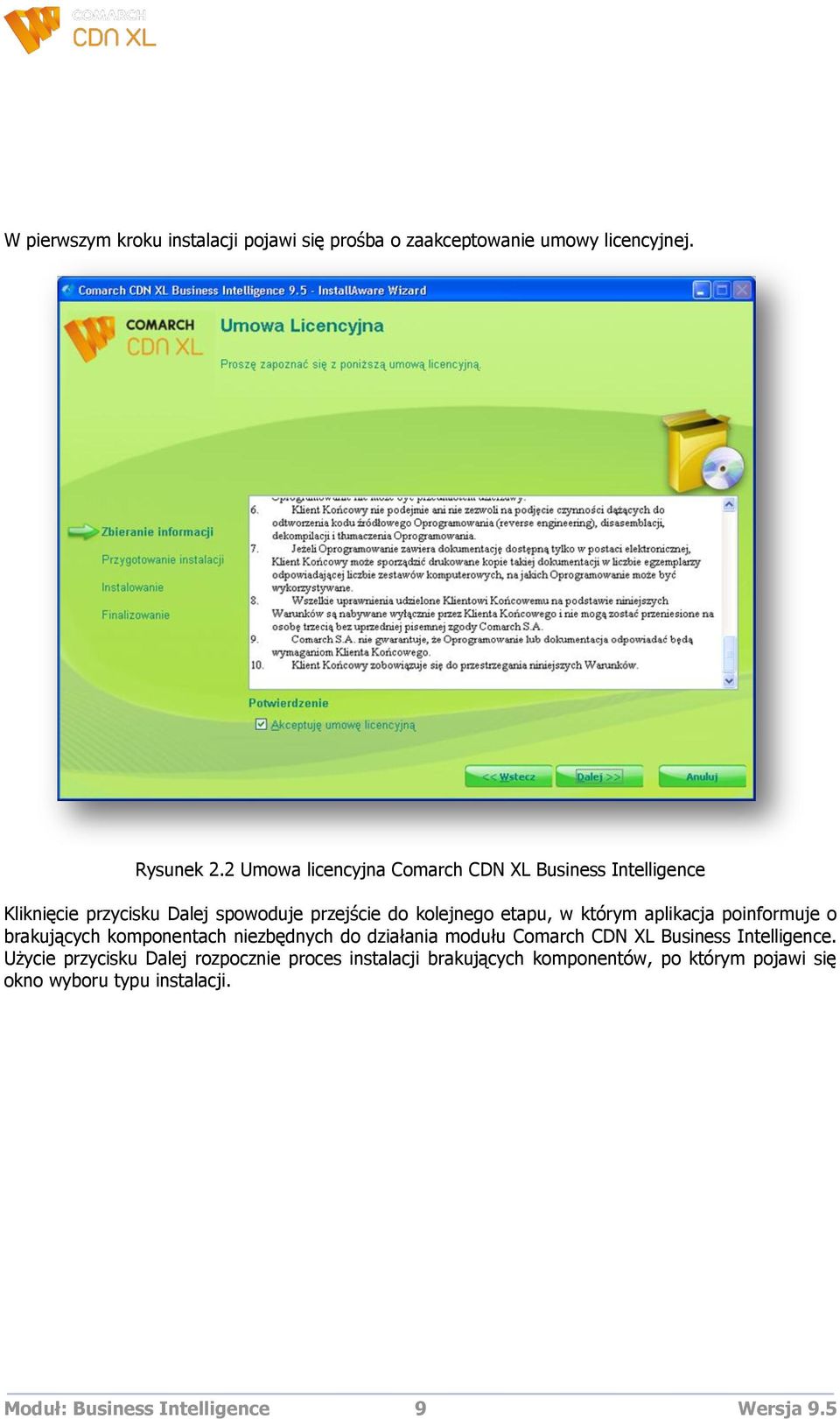 którym aplikacja poinformuje o brakujących komponentach niezbędnych do działania modułu Comarch CDN XL Business Intelligence.