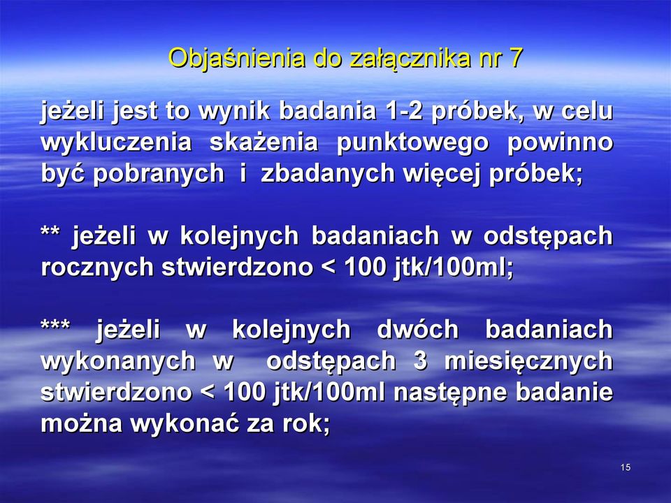 badaniach w odstępach rocznych stwierdzono < 100 jtk/100ml; *** jeżeli w kolejnych dwóch