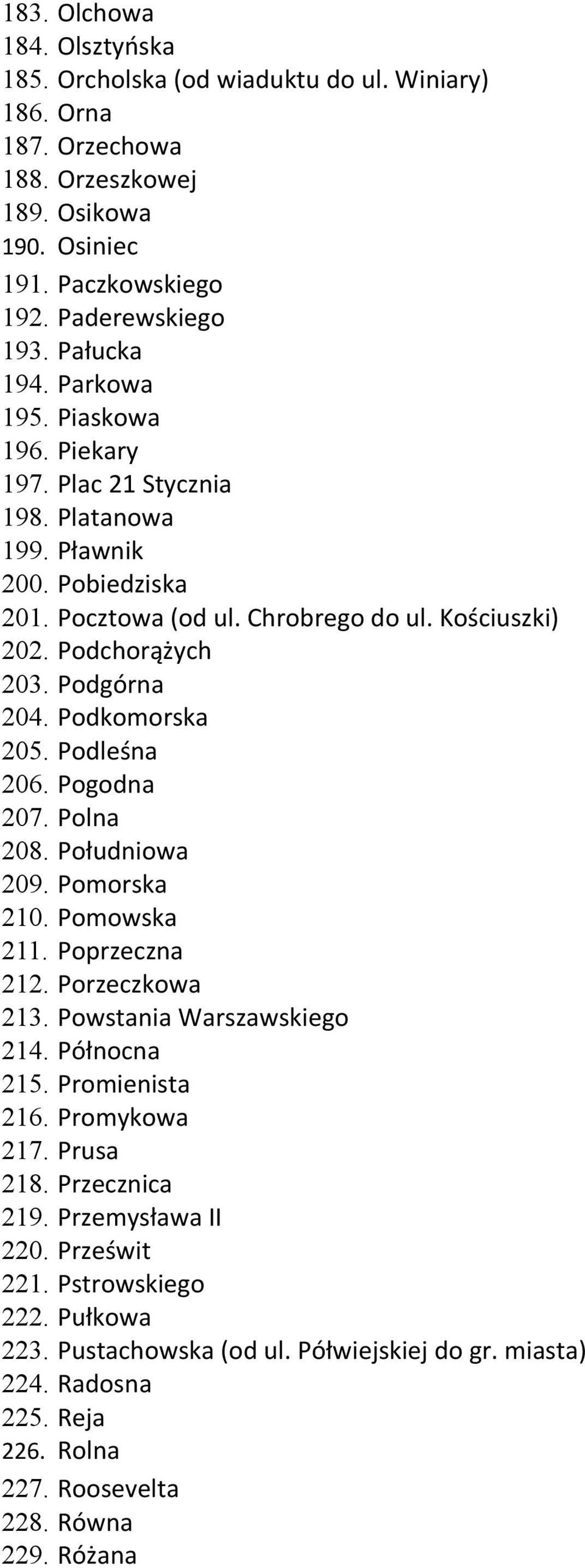 Podkomorska 205. Podleśna 206. Pogodna 207. Polna 208. Południowa 209. Pomorska 210. Pomowska 211. Poprzeczna 212. Porzeczkowa 213. Powstania Warszawskiego 214. Północna 215. Promienista 216.