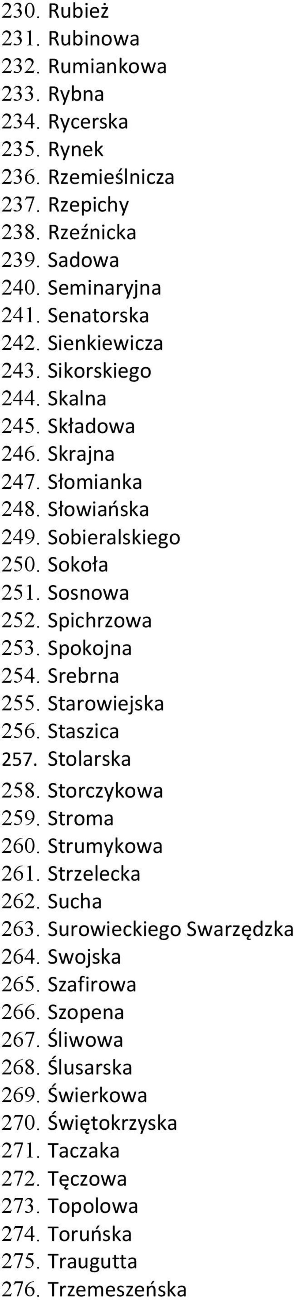 Spokojna 254. Srebrna 255. Starowiejska 256. Staszica 257. Stolarska 258. Storczykowa 259. Stroma 260. Strumykowa 261. Strzelecka 262. Sucha 263. Surowieckiego Swarzędzka 264.